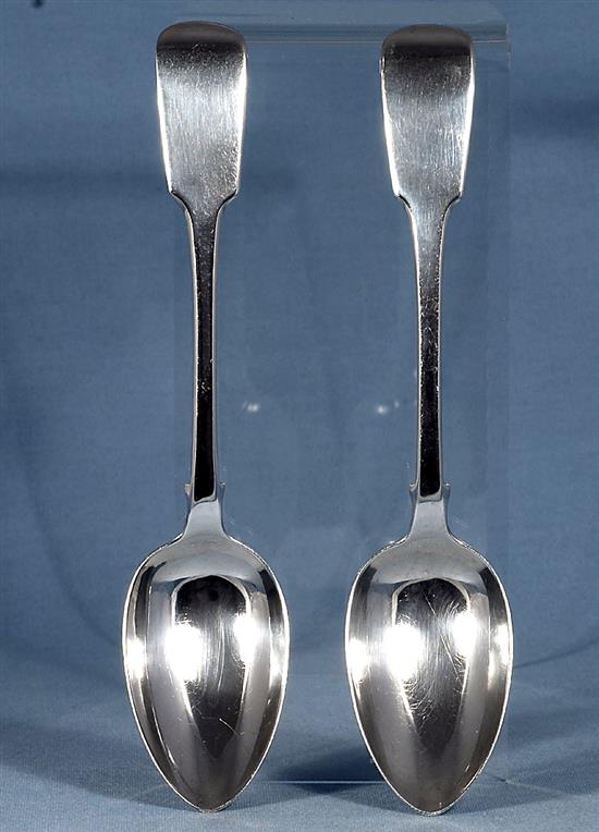 A pair of William IV silver fiddle pattern serving spoons and a similar Victorian pair, Length 237mm, weight 4.9oz/153grms